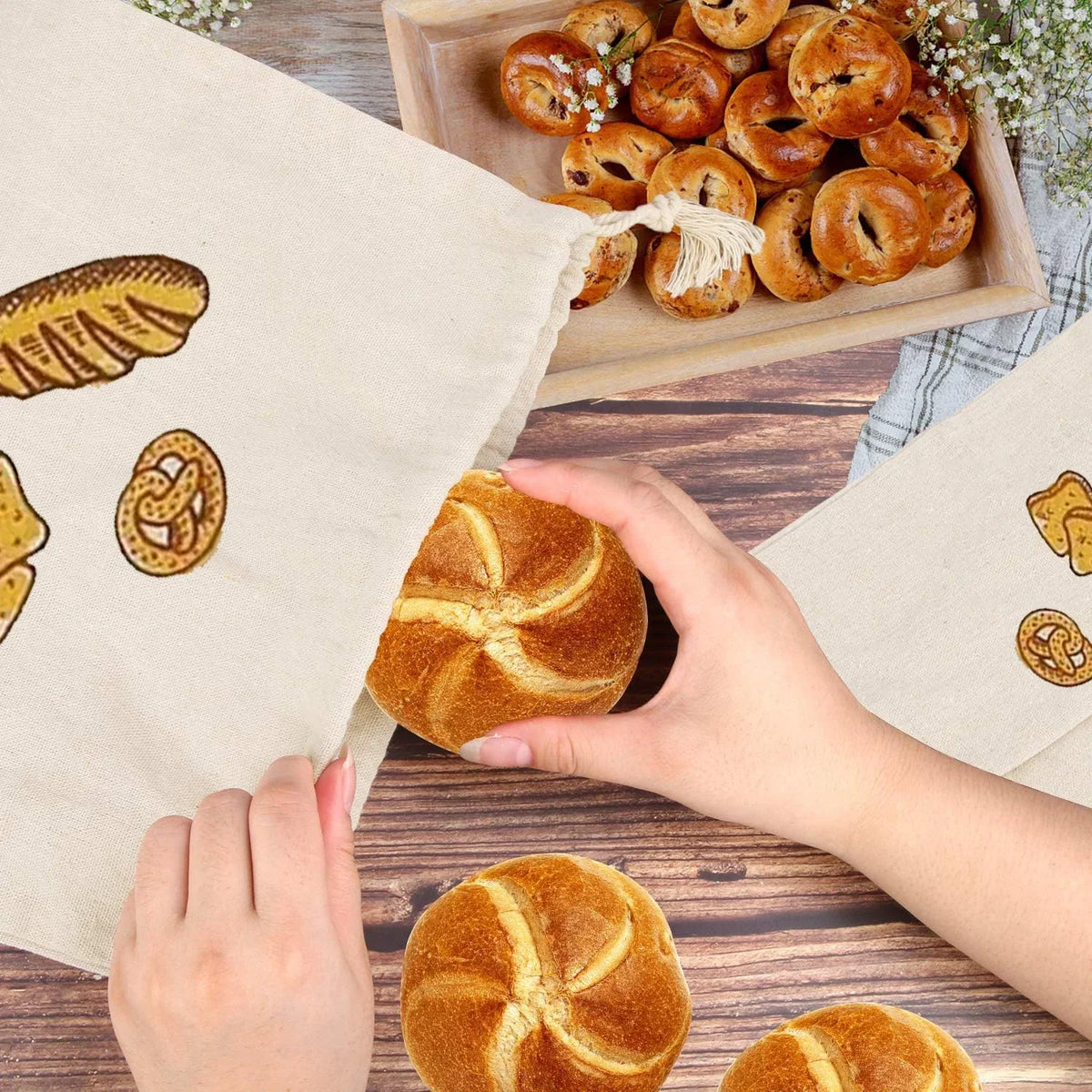 Linen Bread Bags Reusable Drawstring Large Washable Storage