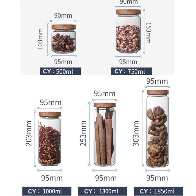 Wood Lid Glass Airtight Canister Storage Bottles Jars
