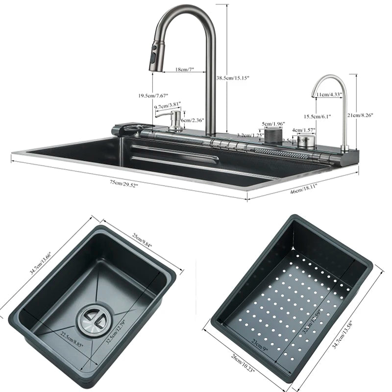 Stainless Steel Waterfall Sink Digital Display Large Sink