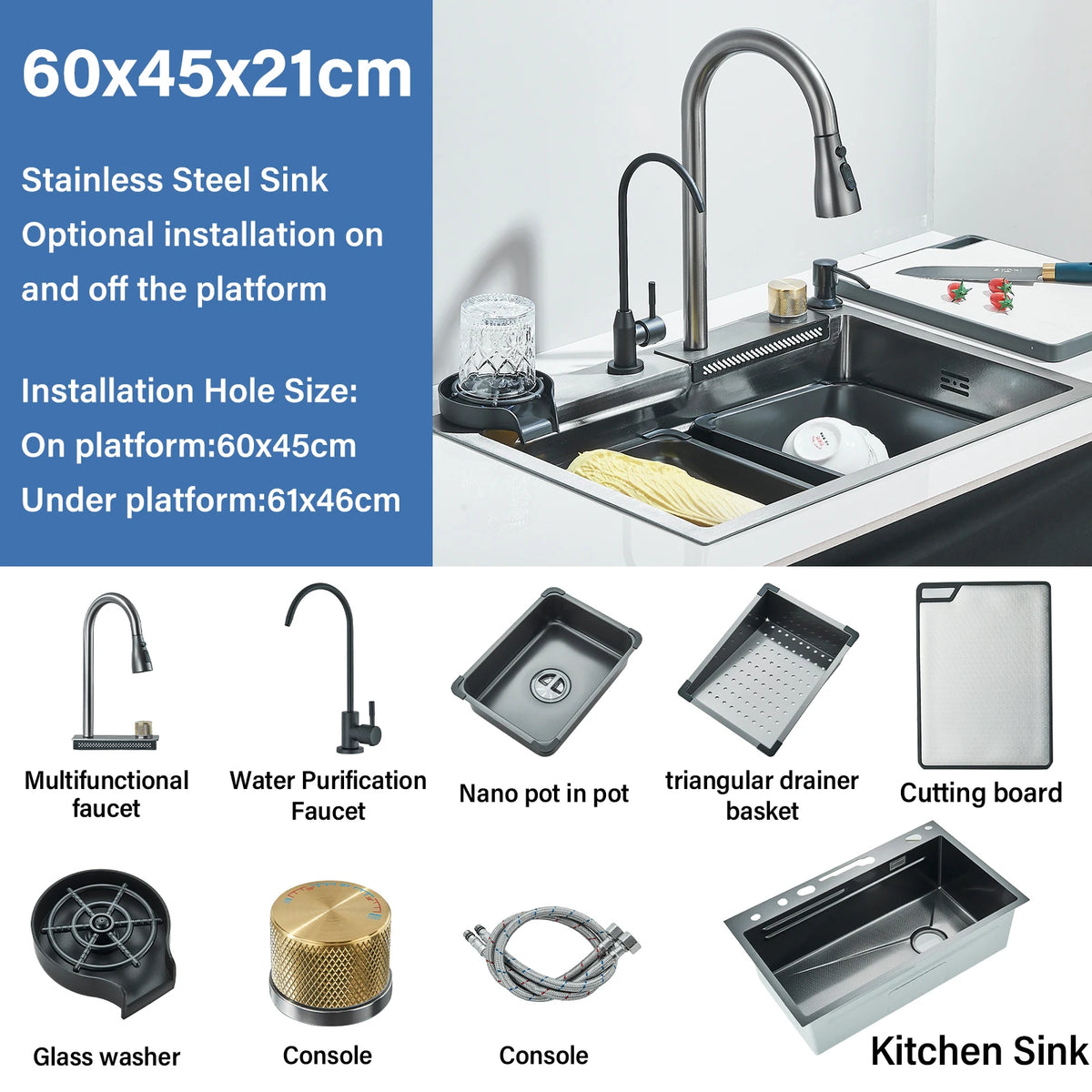 Stainless Steel Waterfall Sink Large Slot Integrated Faucet