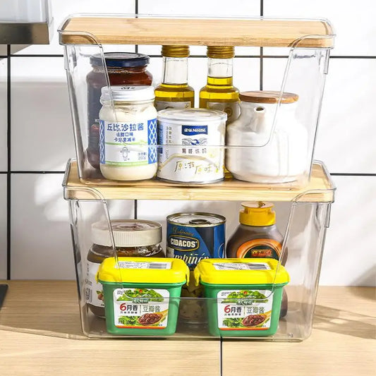 Stackable Pantry Organizers Wooden Lids Storage Clear Bins