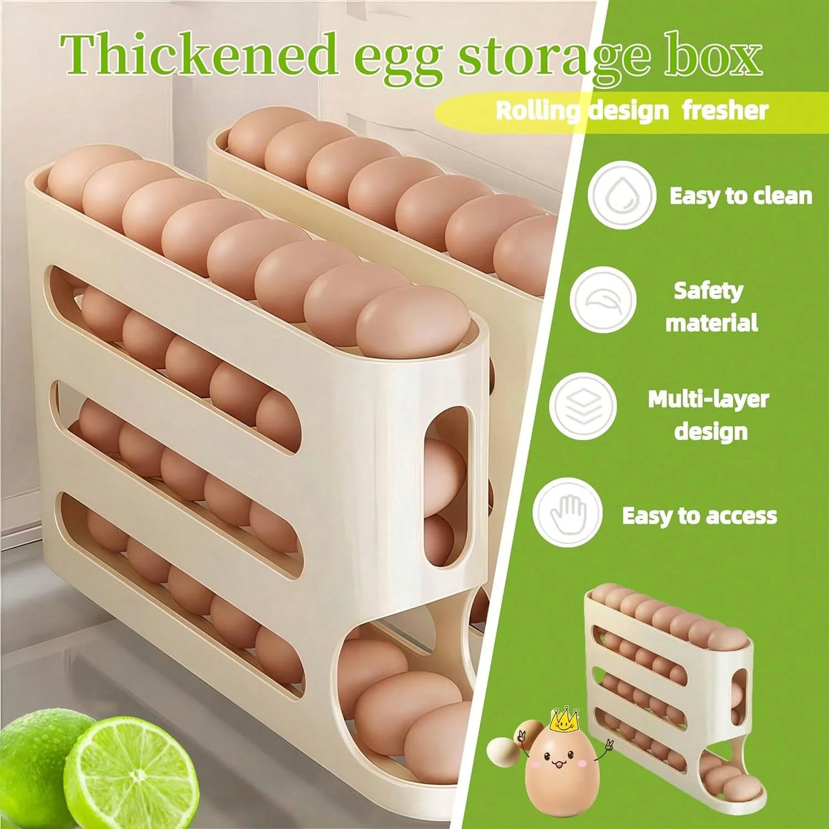 Automatic Rolling Egg Dispenser Organizer Refrigerator 4-Tier