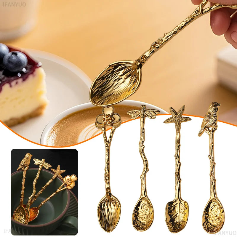 Retro Metal Coffee Spoon Dragonfly Branches Leaves Shape