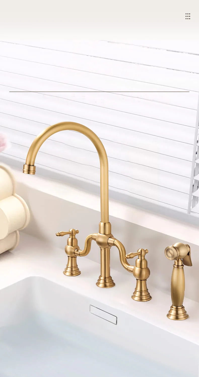 Vintage Bridge Antique Faucet Basin Solid Brass Double-Handle