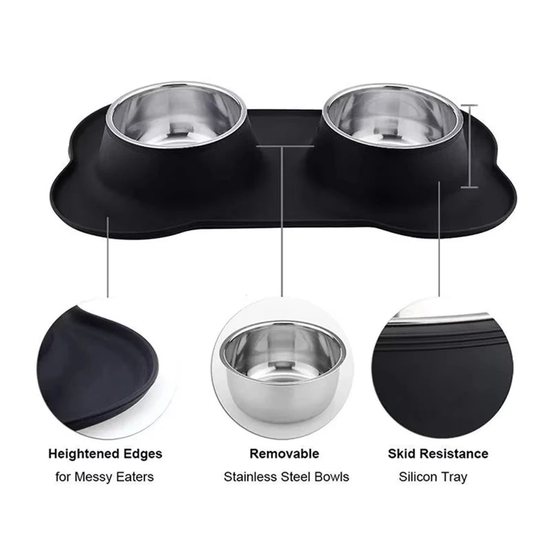 Antislip Double Dog Bowl Silicone Mat Durable Stainless