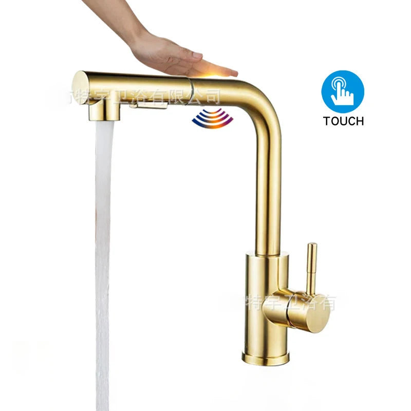 Brushed Gold Touch On Sink Faucets Pull Out