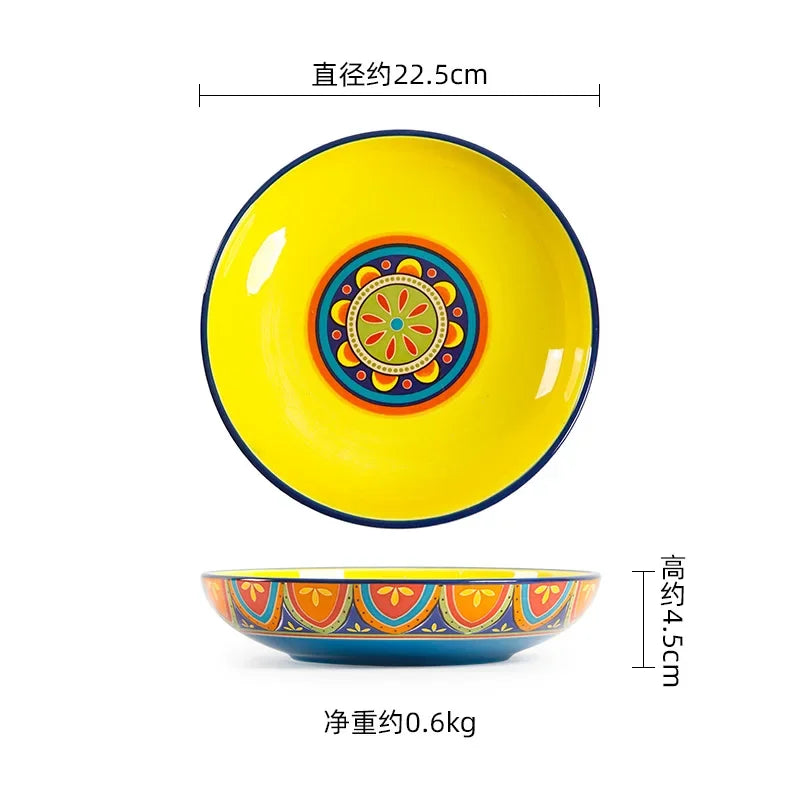1pcs Ceramic Tableware Bohemian Flat Dinner Plate Western
