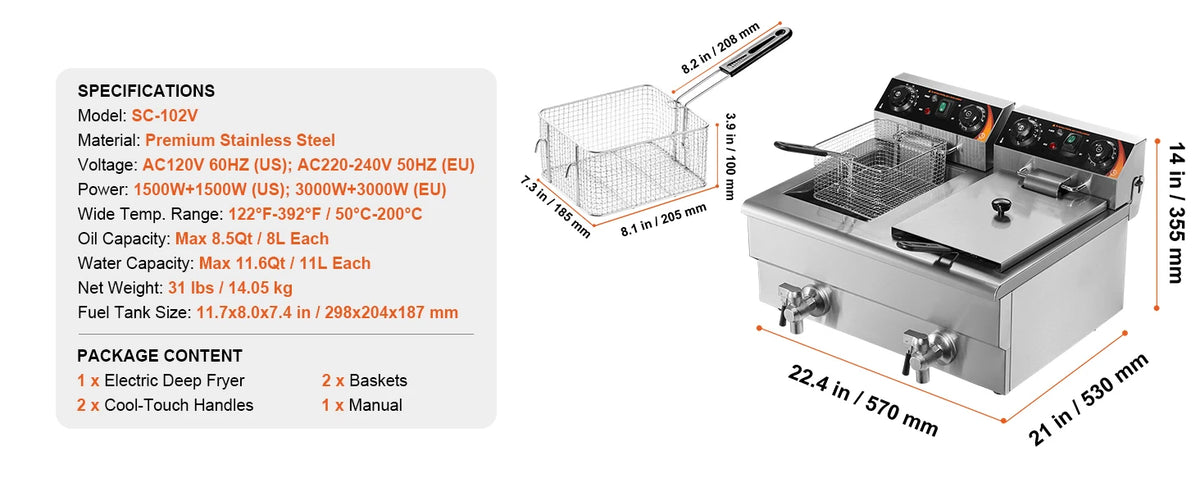 Succebuy 12l Commercial Electric Deep Fryer W/Dual Tanks