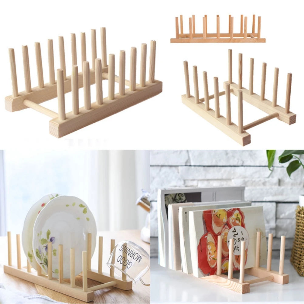 Wooden Dish Drain Rack Dinnerware Storage Organizer Tray