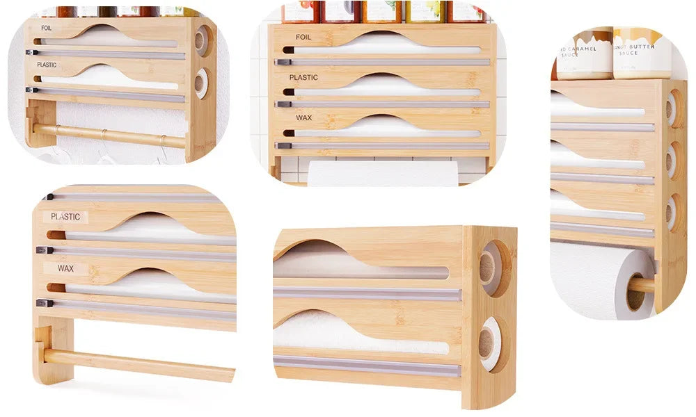 Bamboo Compartment Cling Film Tin Foil Cutter Box