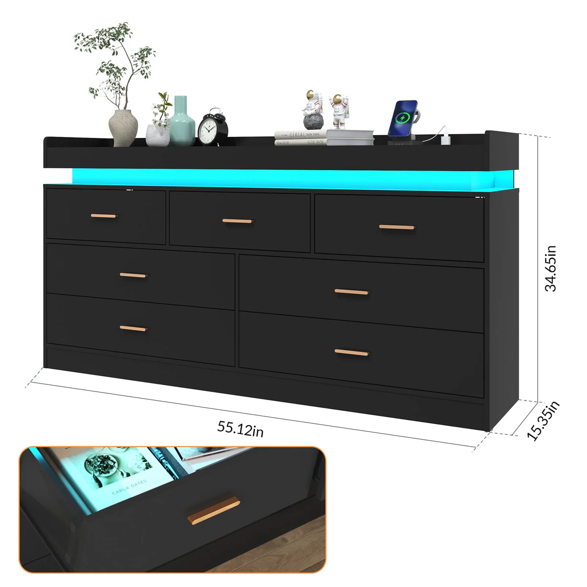 Drawer Dresser Led Light Charging Station Modern Chest