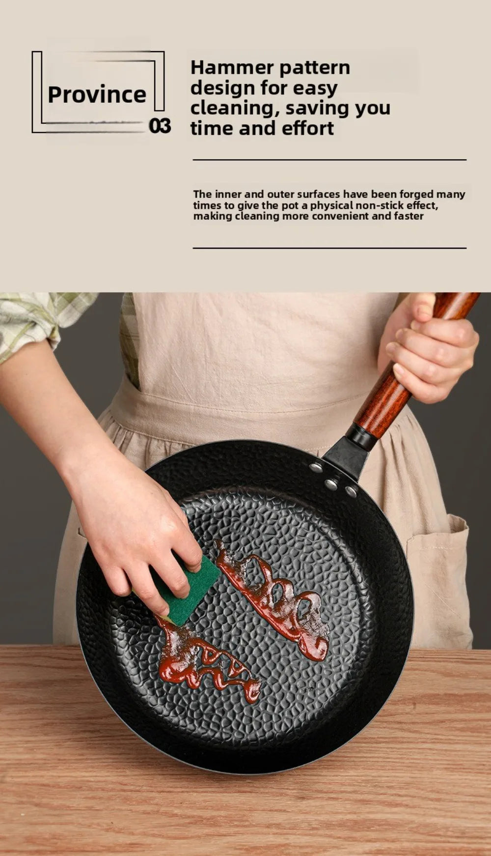 Hand Forged Cast Iron Pan Wooden Handle Uncoated