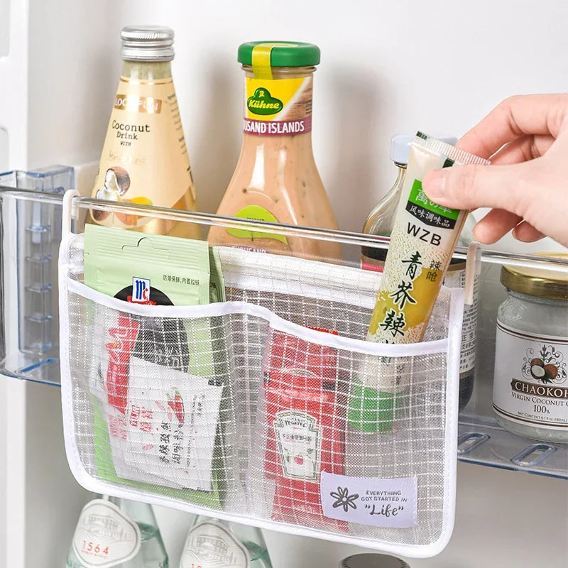 Refrigerator Storage Mesh Bag Double Compartment Hanging Pouch
