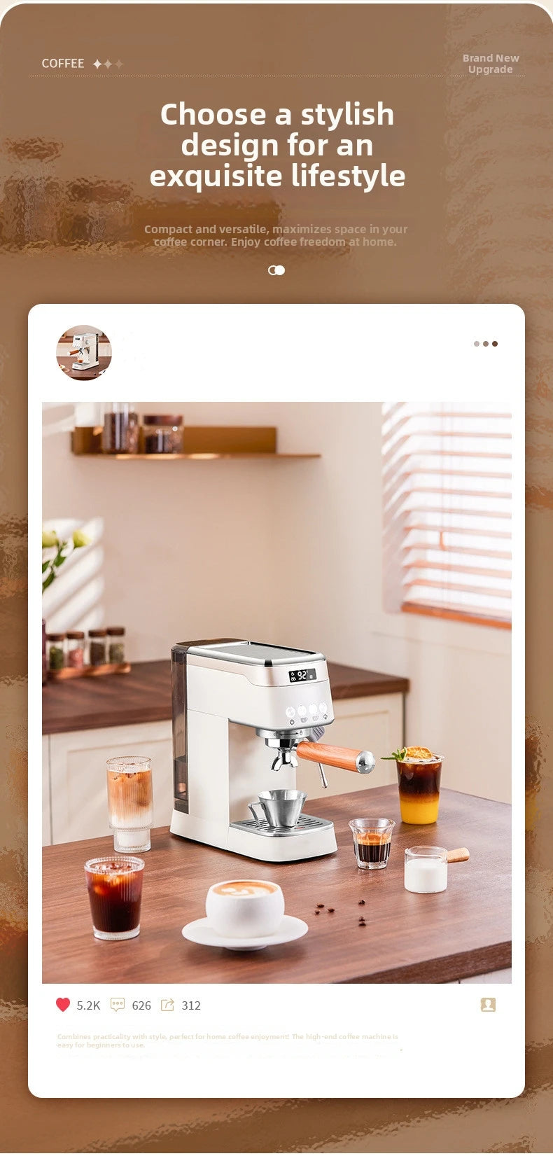 Pro Semi-Automatic Espresso Machine 20bar Pressure Compact Small