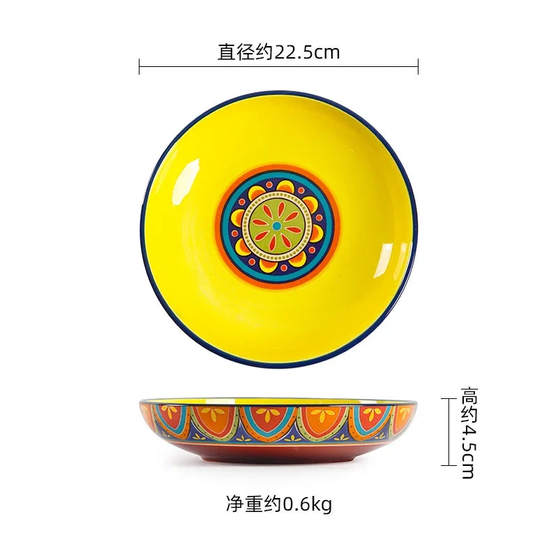 1pcs Ceramic Tableware Bohemian Flat Dinner Plate Western