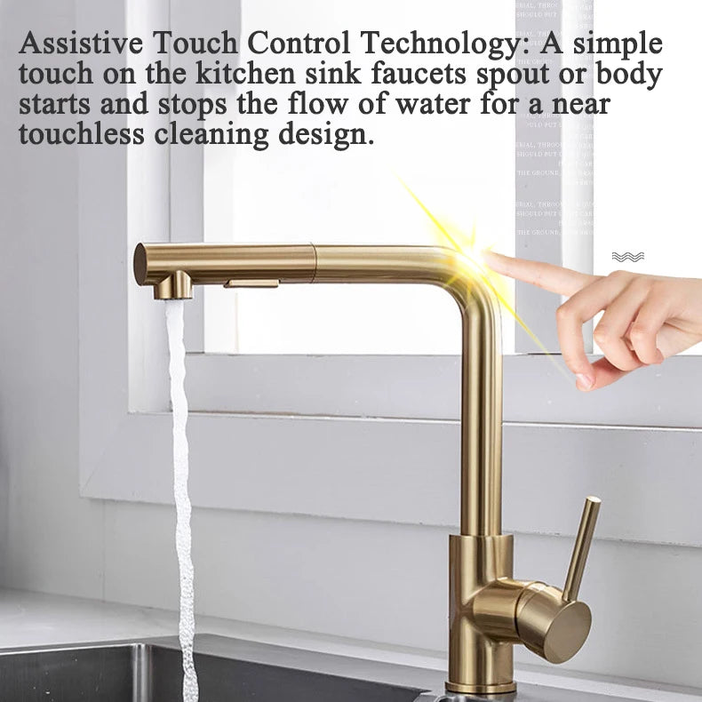 Brushed Gold Touch On Sink Faucets Pull Out