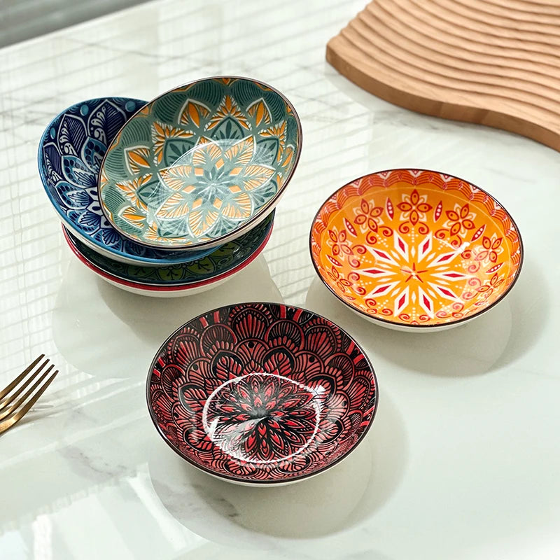 6-Piece Bohemian Hand-Painted Underglaze Ceramic Plates -