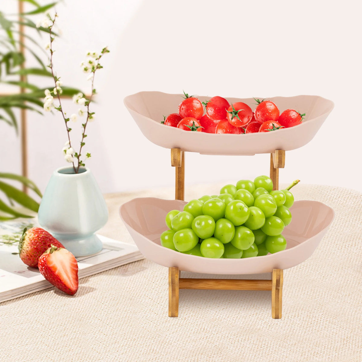 2-Tier Fruit Bowl Bamboo Fruit Basket Stand Food-Grade