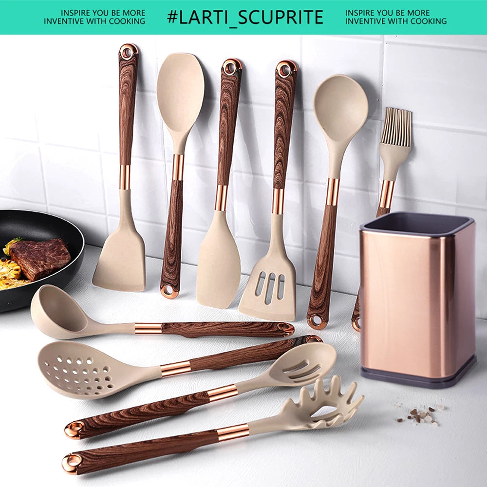 Gold Plated Handle Silicone Cooking Utensils Non-Stick Bpa