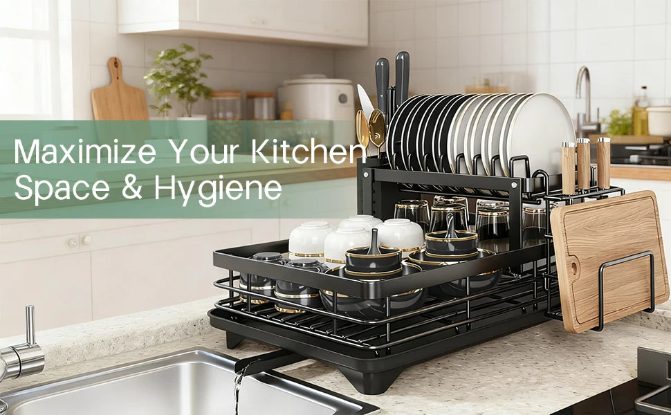2-Layer Dish Drain Rack Is Suitable Countertop Metal