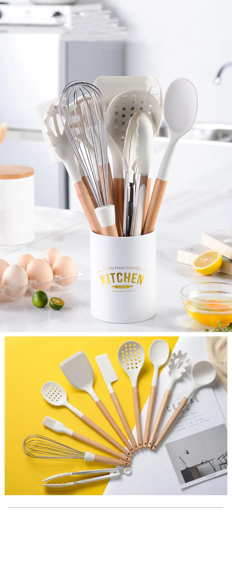 White Silicone Wooden Handle Soup Spoon Spatula Brush
