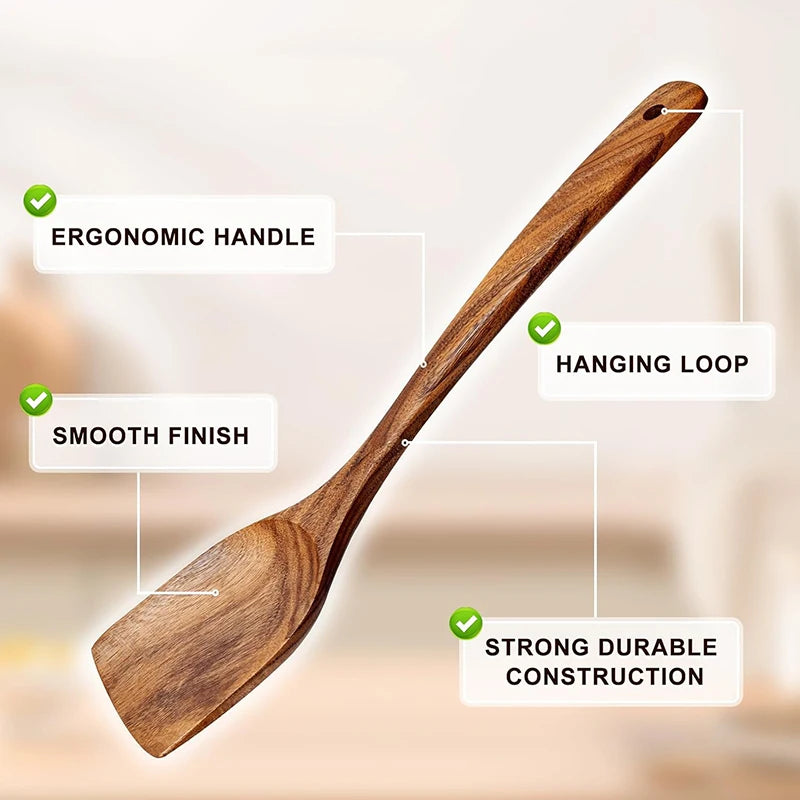2pcs Wooden Spatula Acacia Wood Long Handle Flat