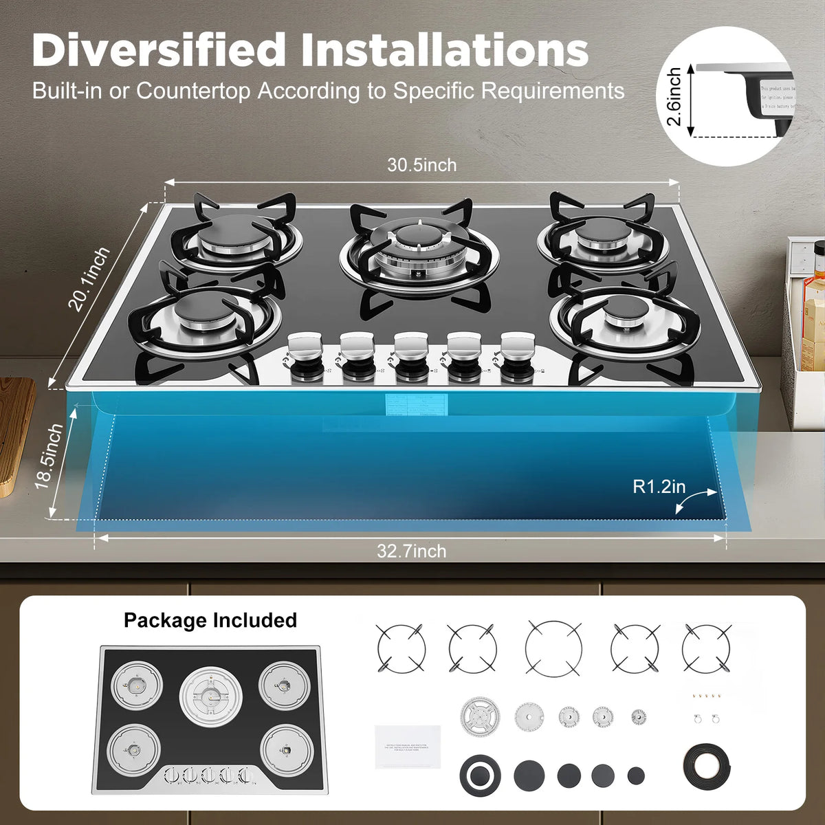 Burners Built-In Gas Stove Dual Fuel Ng/Lpg Convertible