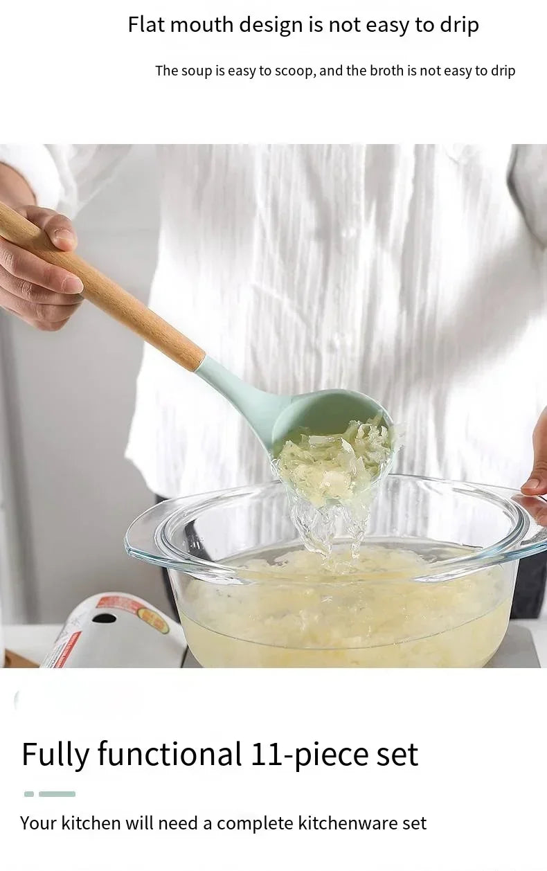 12pcs Of Multi-Color Silicone Wooden Handle Kitchenware Non