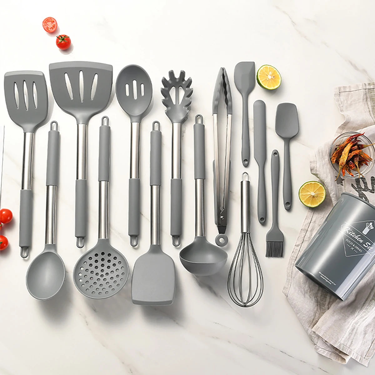 15pcs Silicone Kitchenware Stainless Steel Handle Cooking
