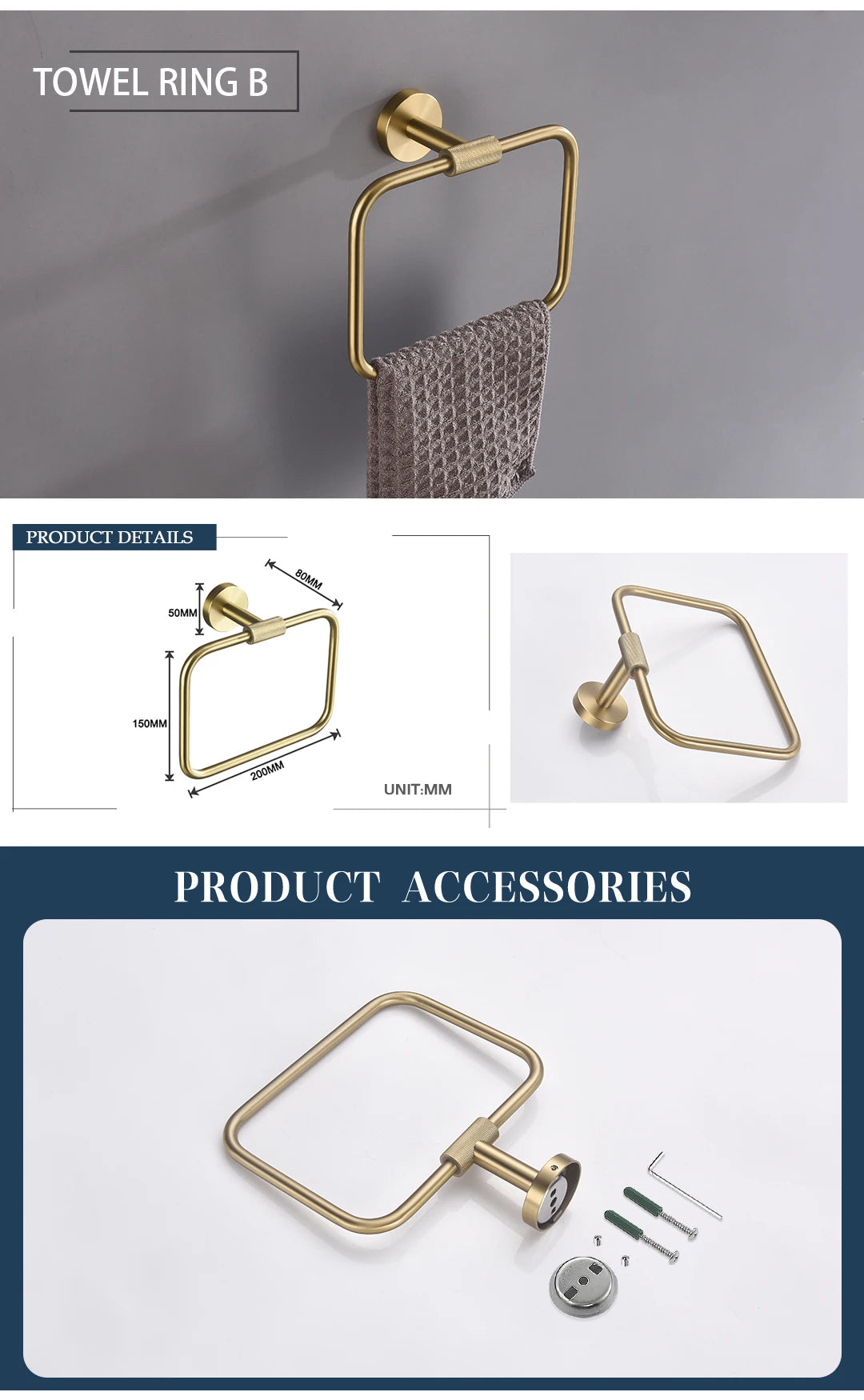 Bathroom Hardware Brushed Gold Knurled Brass Kit Towel