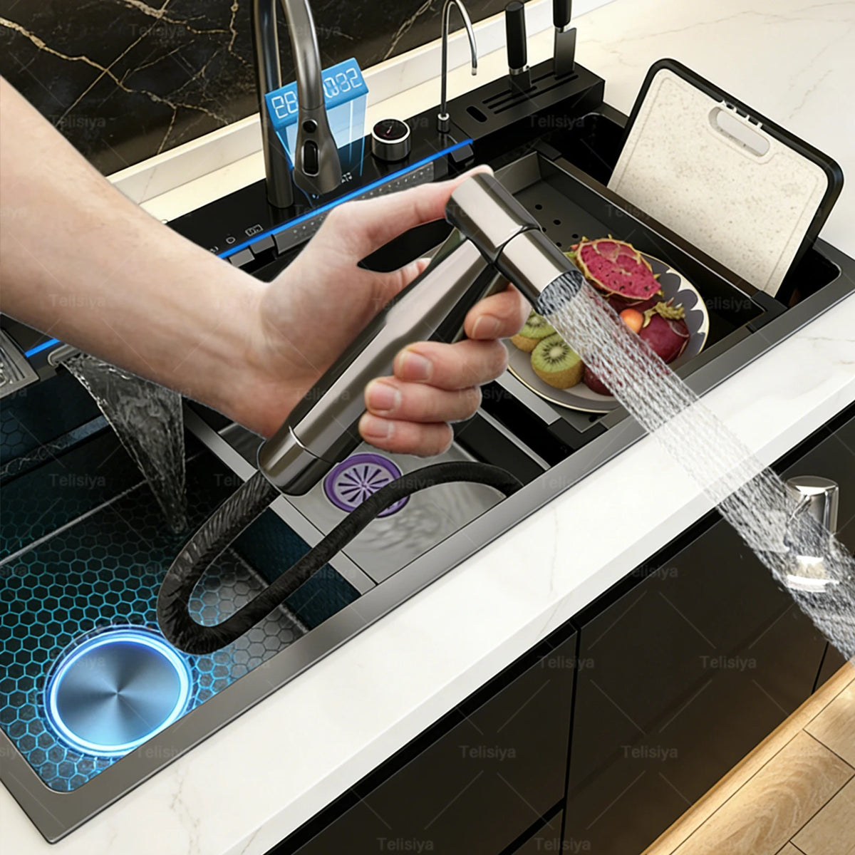 Stainless Steel Sink Digital Display Waterfall Large Slot
