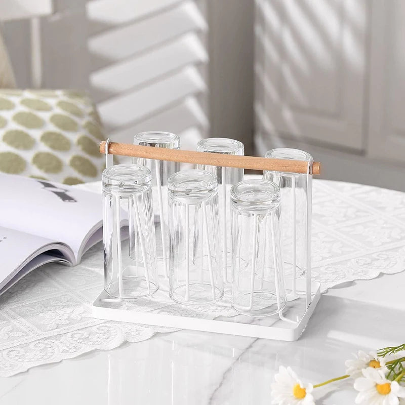 6-Cup Glass Cup Drying Rack Wooden Handle Countertop