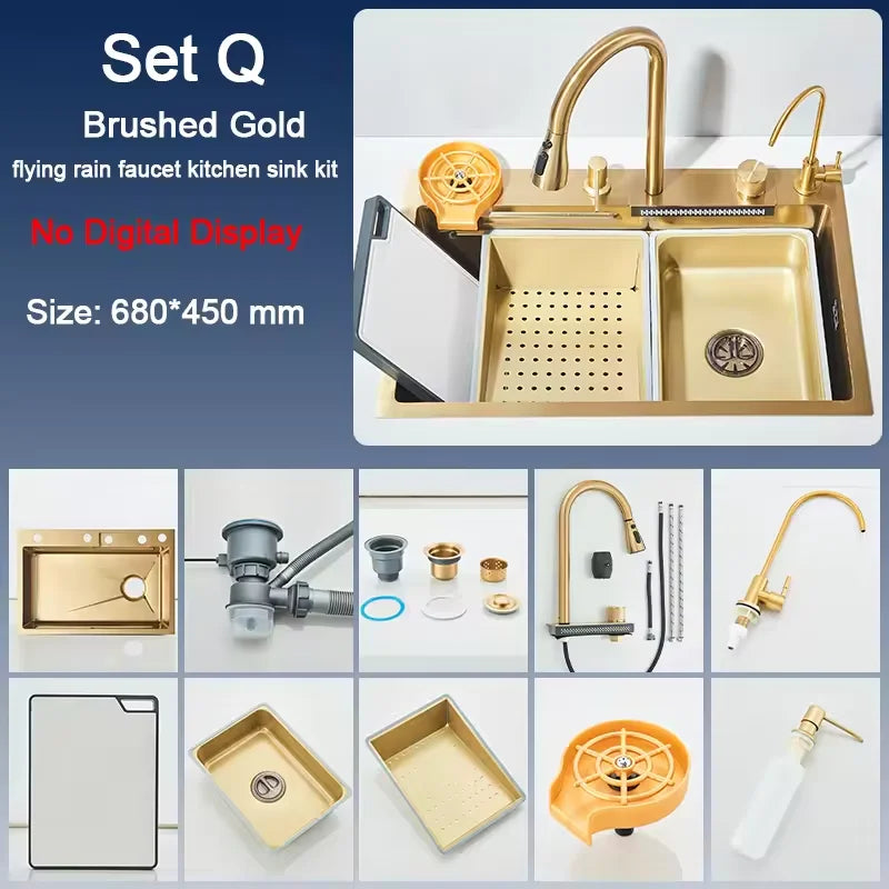 Stainless Steel Sink Faucet Digital Display Large Bowl