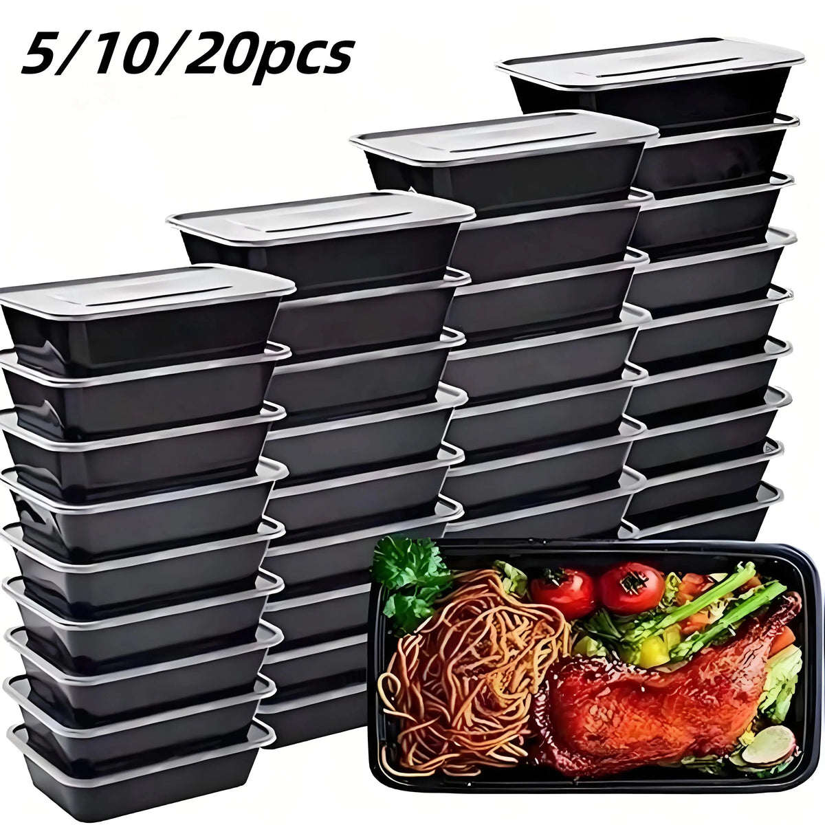 5/10/20 Pack Black Rectangular Meal Prep Containers Lids