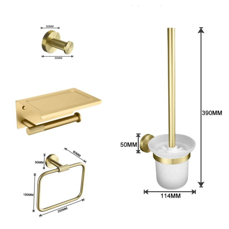 Bathroom Hardware Brushed Gold Knurled Brass Kit Towel