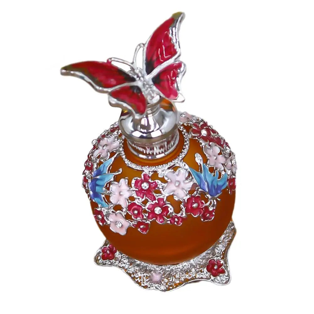 Vintage Perfume Bottle Metal Enameled Frosted Glass Container