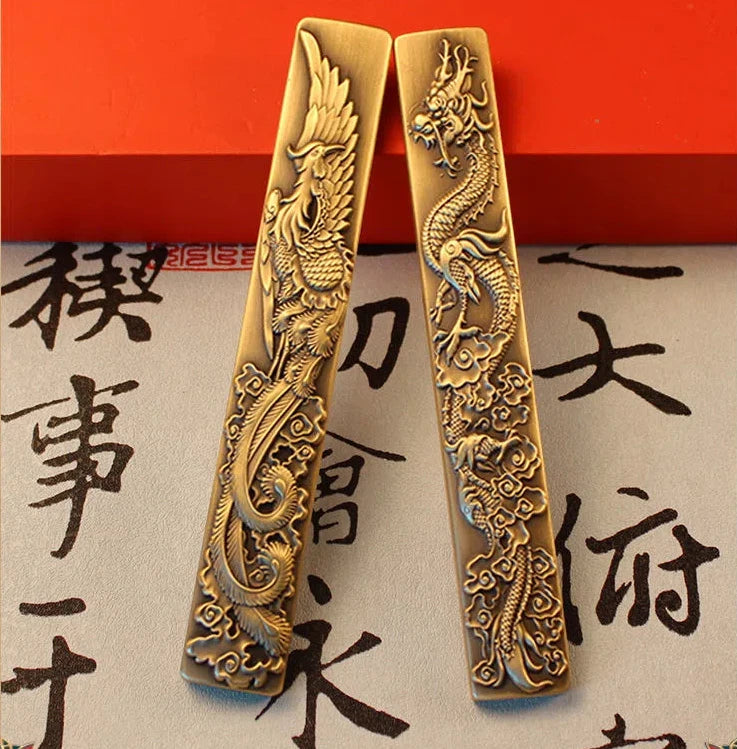 Chinese Style Brass Paperweight Antique Hand Painting Calligraphy