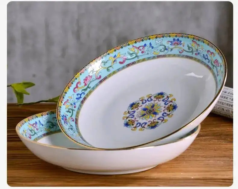 Gold Border Enamel Deep Plate Chinese Bone China