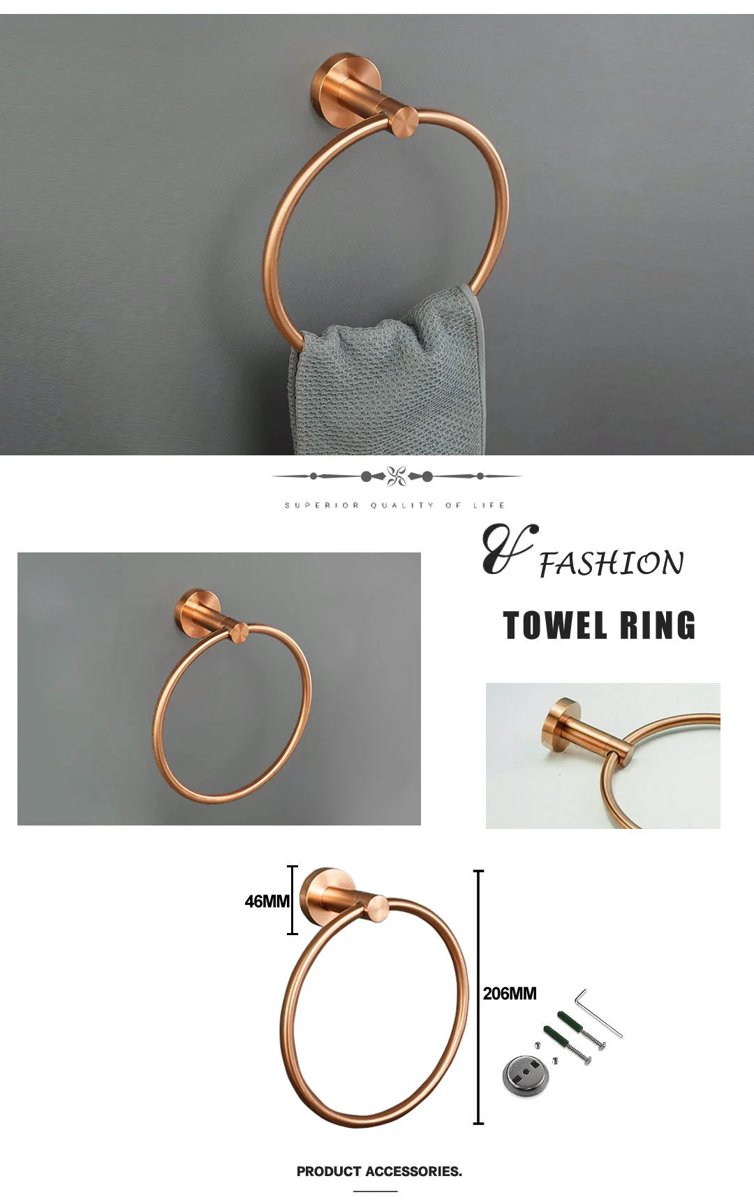 Brushed Rose Gold Stainless Steel Wall-Mounted Bathroom -Towel