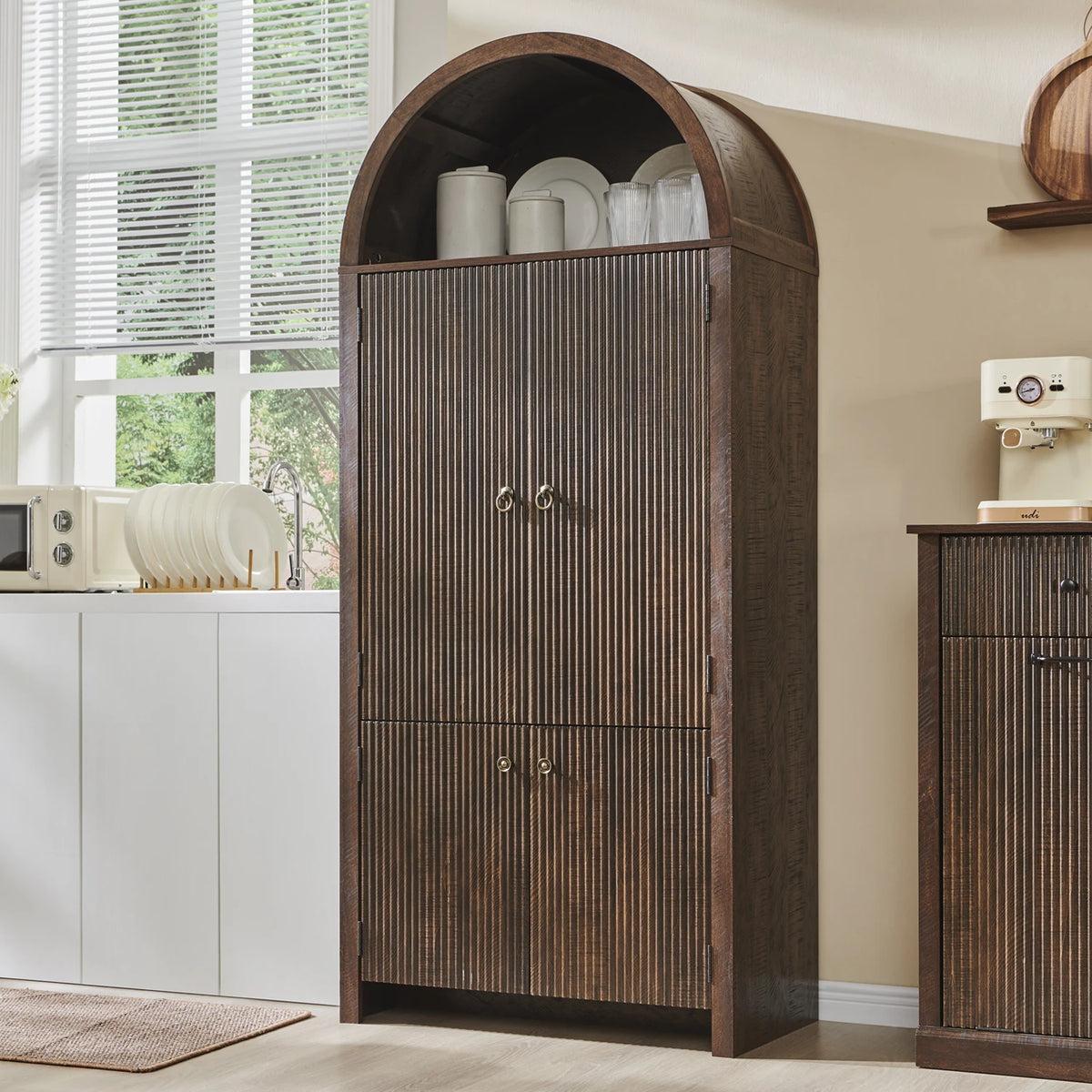 71 Tall Arched Pantry Fluted Wood Cabinet Storage