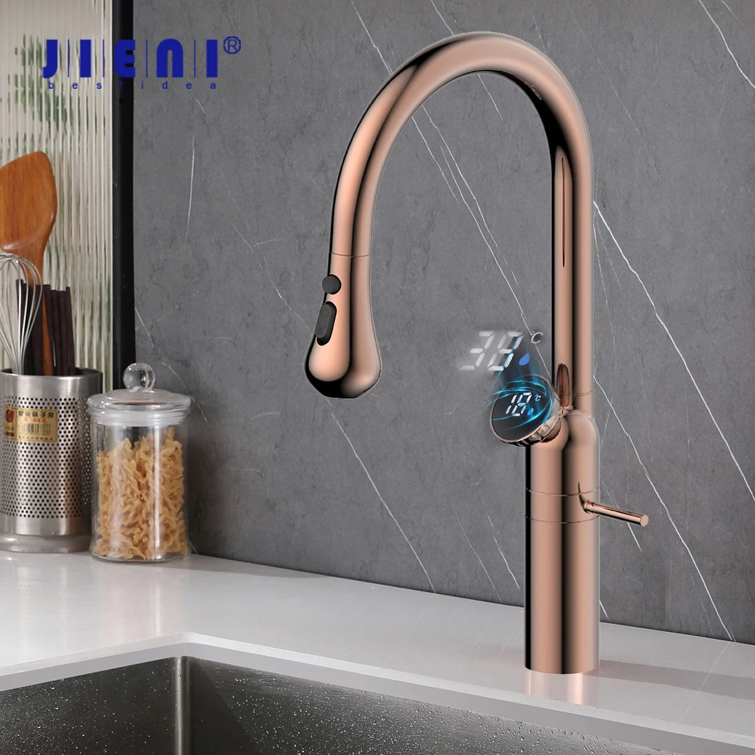 Jieni Rose Gold Faucet 360 Swivel 3-Way Brass
