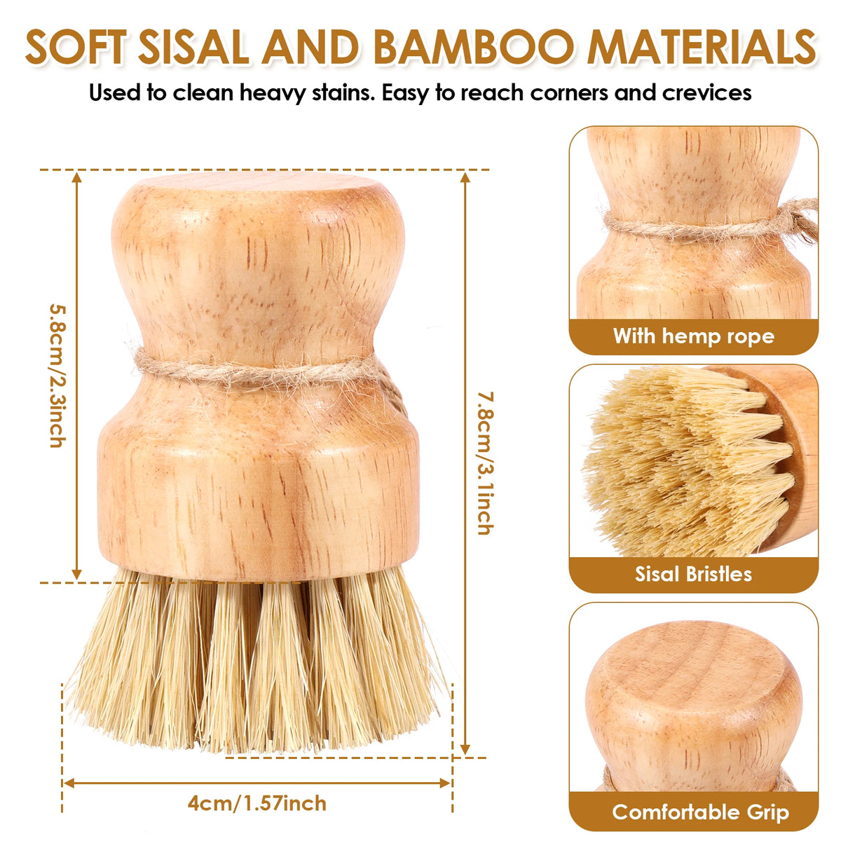 Wooden Dish Brush with Natural Sisal and Coconut Durable Portable Kitchen Cleaning Brush Eco Friendly Zero Waste