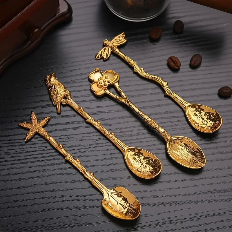 Retro Metal Coffee Spoon Dragonfly Branches Leaves Shape