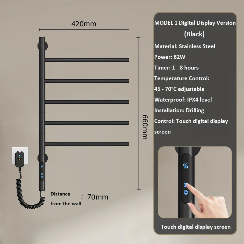 Electric Heated Towel Rack Rotating Bathroom Wall Mounted
