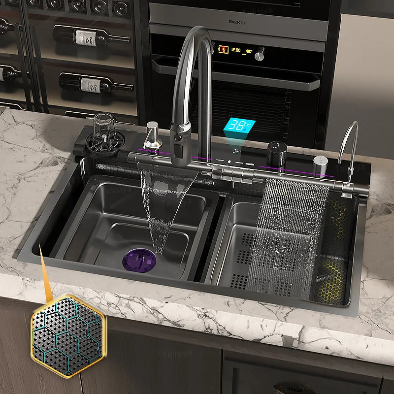 Waterfall Digital Display Sink Stainless Steel Wash Dish