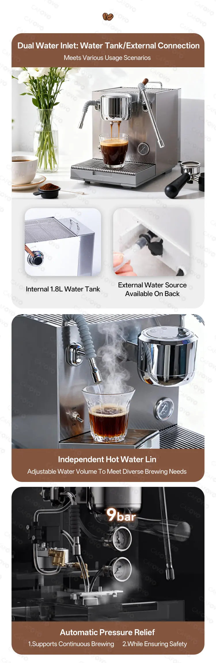 Cafovo E120 9bar Espresso Machine Boiler Ulka Pump
