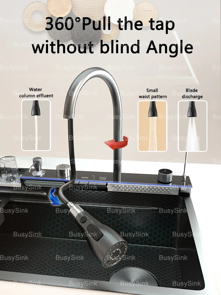 Stainless Steel Waterfall Sink Digital Display Large Slot