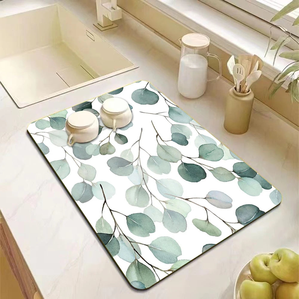 Eucalyptus Leaves Themed Dish Drying Mat Non-Slip Heat-Resistant