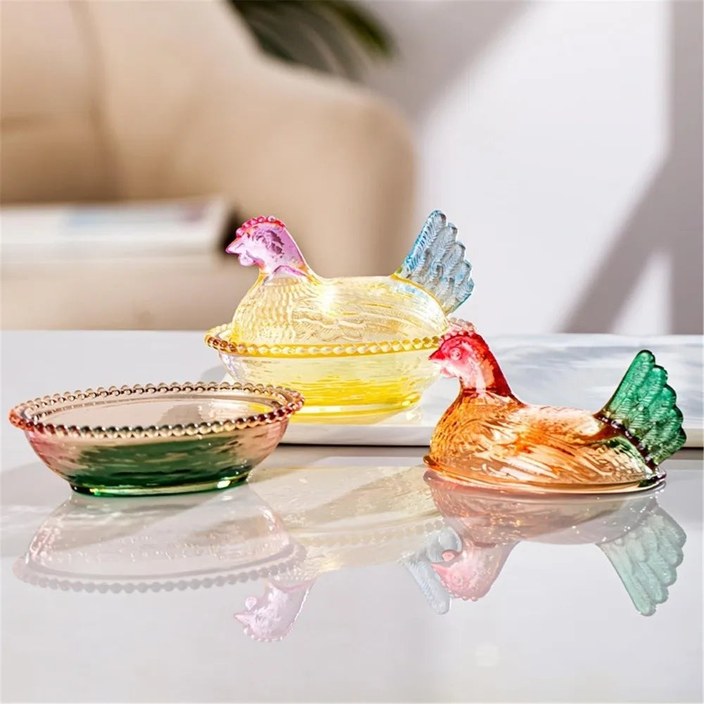 Vintage Glass Chicken Shaped Dish Lid Hen On
