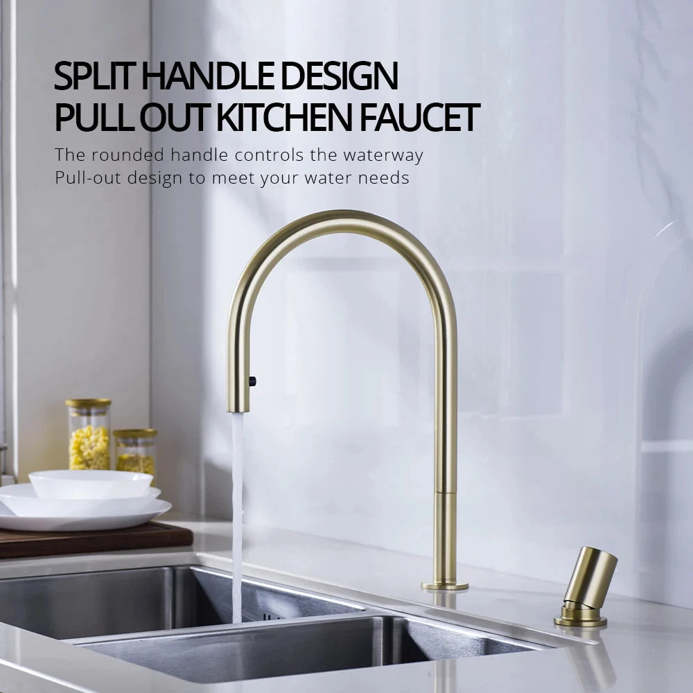 Brushed Gold Faucet Invisible Pull Out Spray Mixer